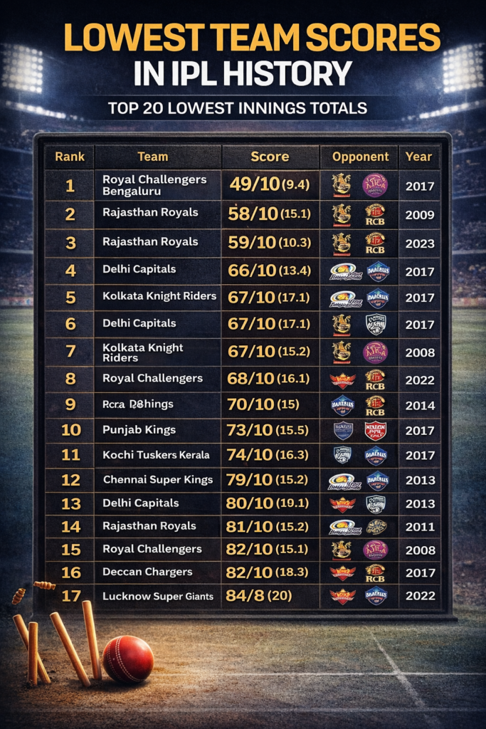 Lowest team scores in IPL history table showing top 20 lowest totals in IPL