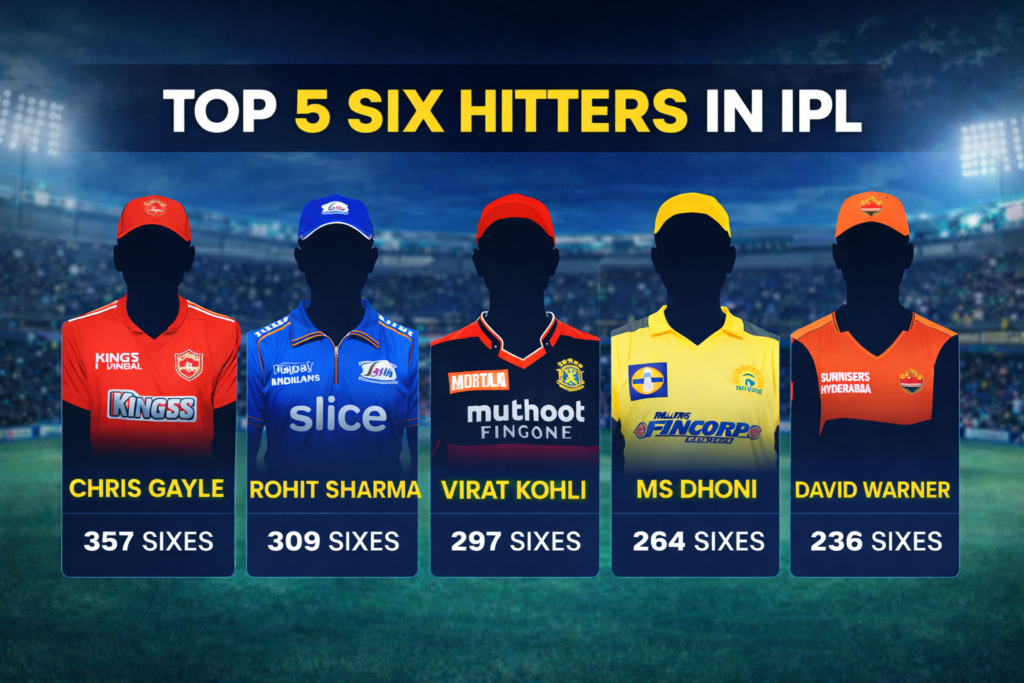 Top 5 six hitters in IPL history infographic with Chris Gayle Rohit Sharma Virat Kohli MS Dhoni and David Warner silhouettes in cricket stadium background