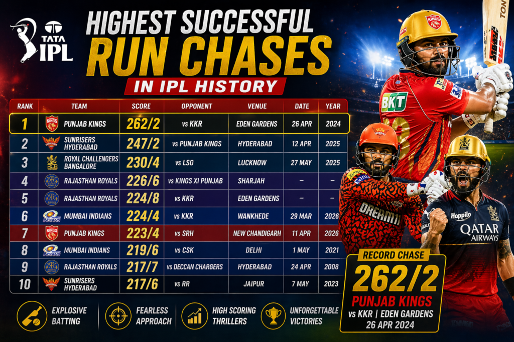 highest successful run chases in IPL history top 10 list infographic with teams scores venues and match details