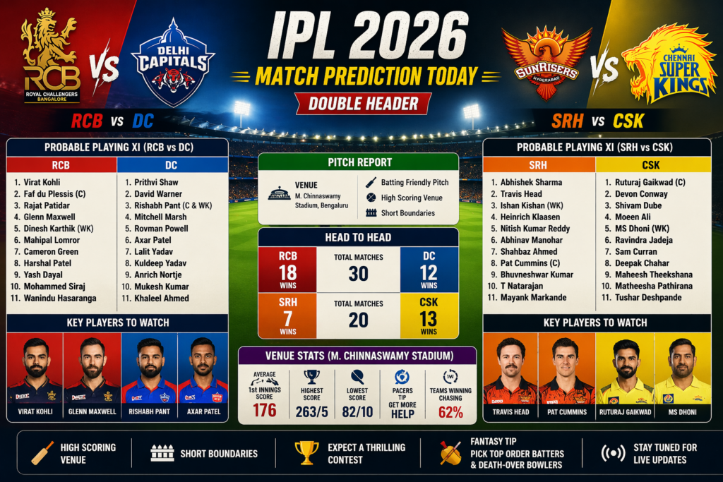 IPL 2026 match prediction pitch report playing XI key stats RCB vs DC SRH vs CSK analysis