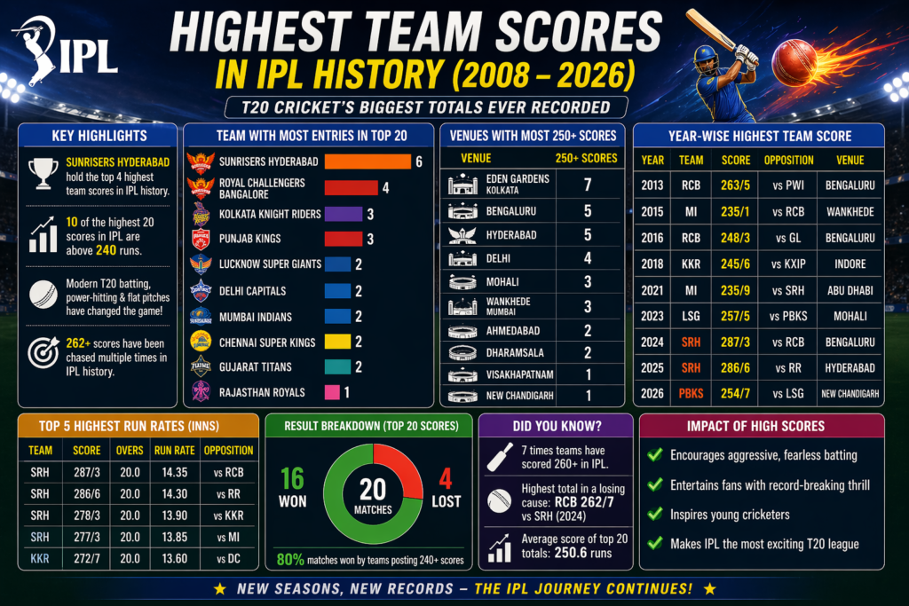 IPL highest team scores statistics analysis with venues run rates and team performance insights