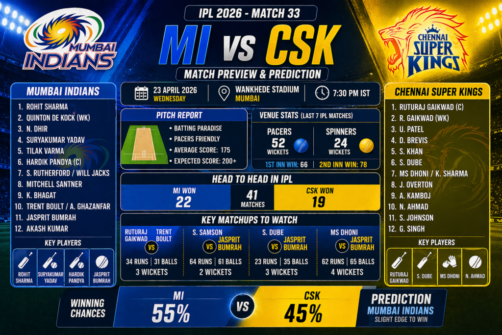 MI vs CSK Playing XI 2026 Pitch Report Stats Head to Head IPL