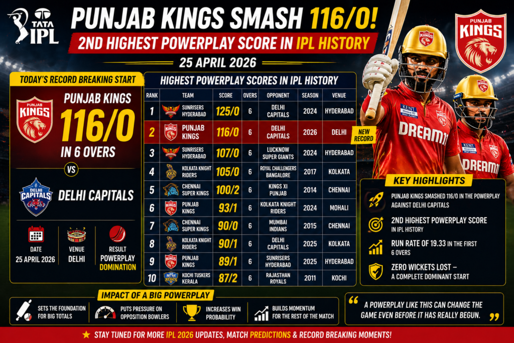 Punjab Kings 116/0 powerplay vs Delhi Capitals 25 April 2026 infographic showing second highest powerplay score in IPL history
