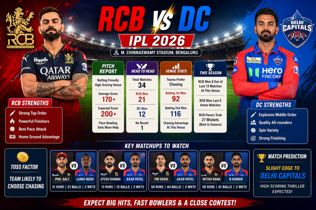 RCB vs DC match prediction 2026 pitch report head to head stats Bengaluru IPL 2026 analysis