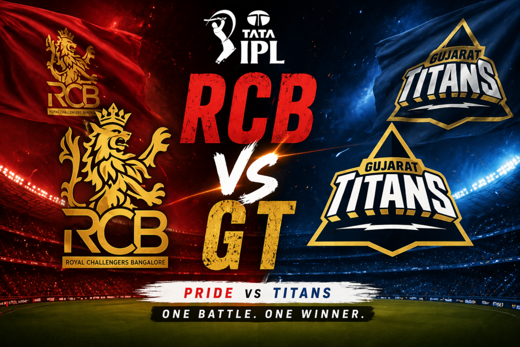 RCB vs GT IPL 2026 mid content image showing Royal Challengers Bangalore vs Gujarat Titans battle graphic
