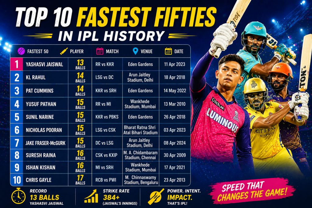 Top 10 fastest fifties in IPL history list with players balls match venue and date details