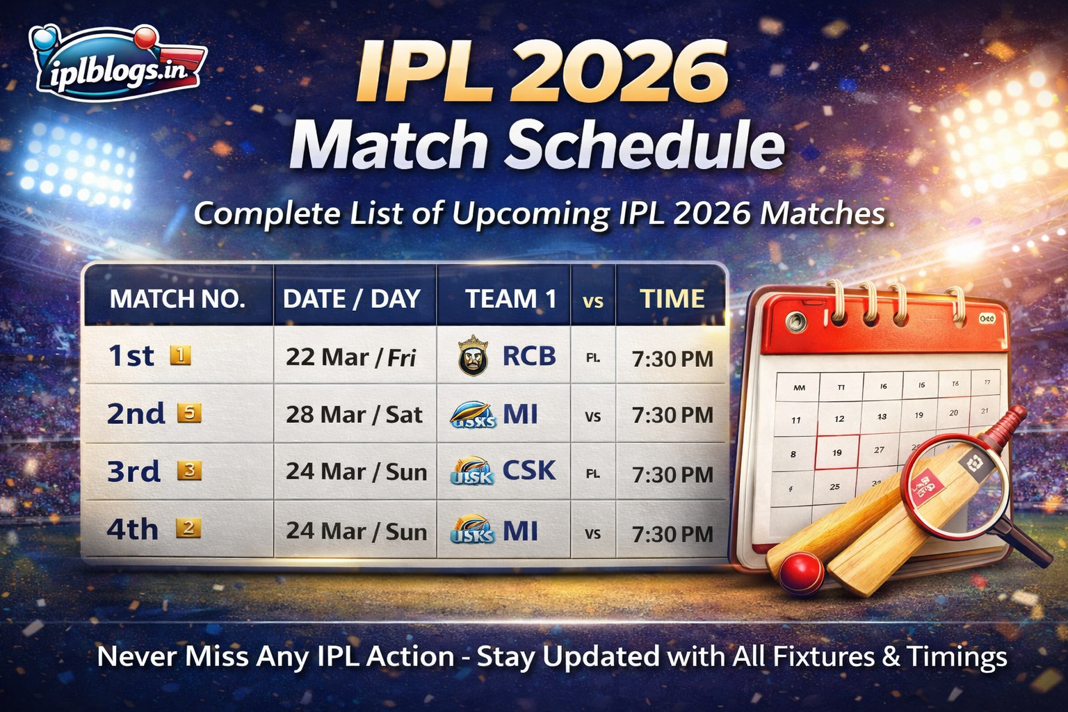 IPL 2026 match schedule with dates, teams and match timings