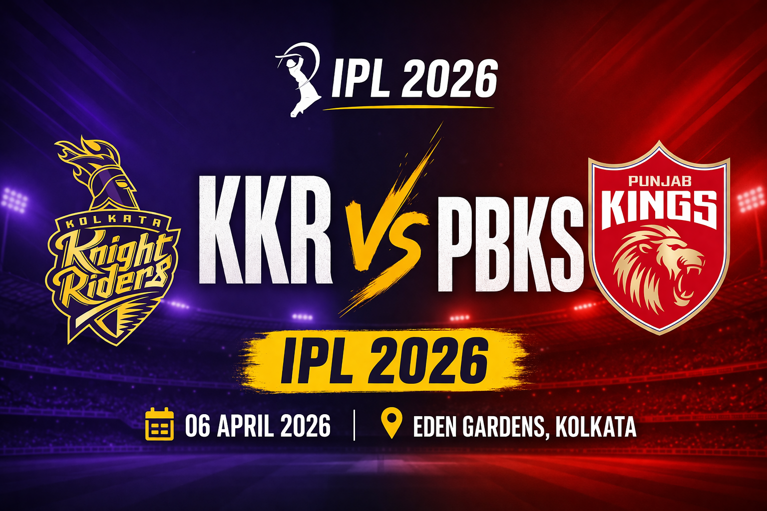 KKR vs PBKS IPL 2026 match graphic with team logos and bold VS design