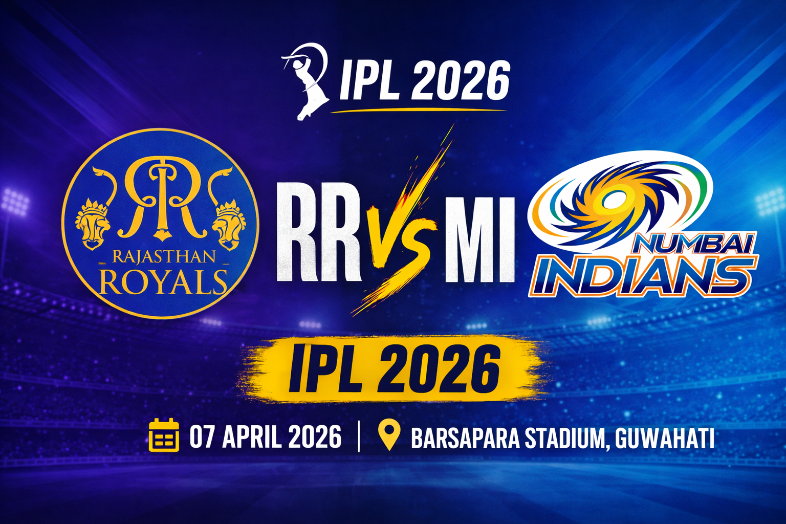 RR vs MI IPL 2026 match prediction featured image with Rajasthan Royals and Mumbai Indians logos, match date 07 April 2026 at Barsapara Stadium Guwahati