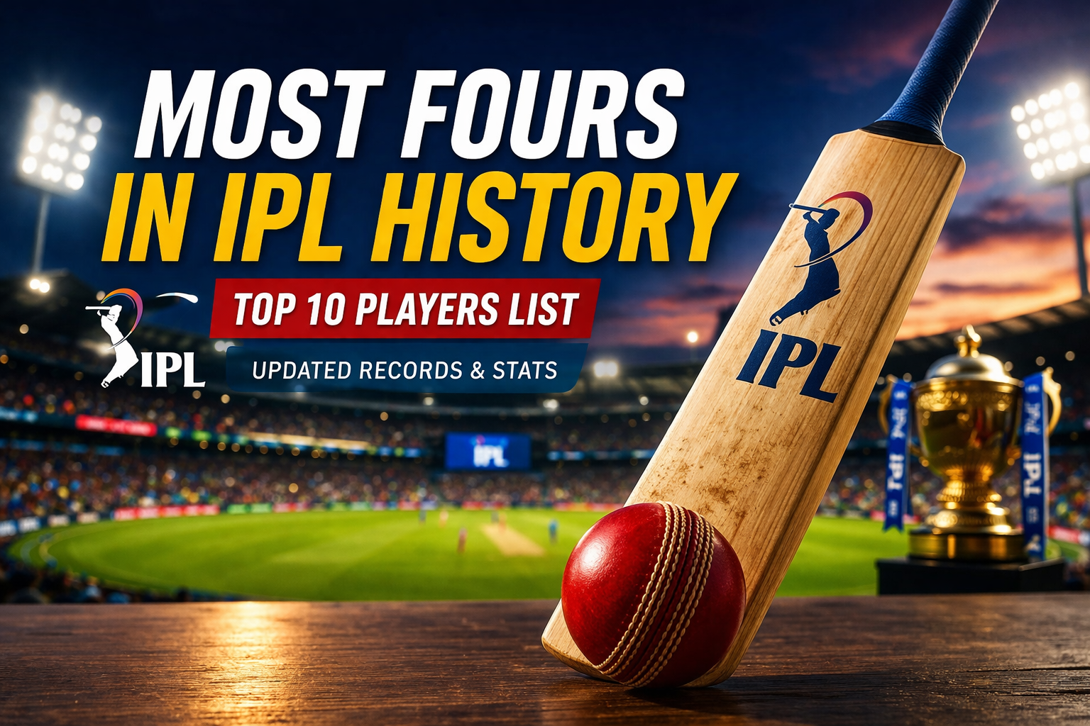 Most Fours in IPL History featured image showing cricket bat and ball in stadium with top 10 players list concept