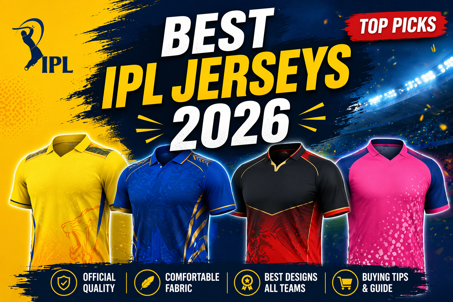 Best IPL Jerseys 2026 featured image showing colorful cricket jerseys of all teams with buying guide