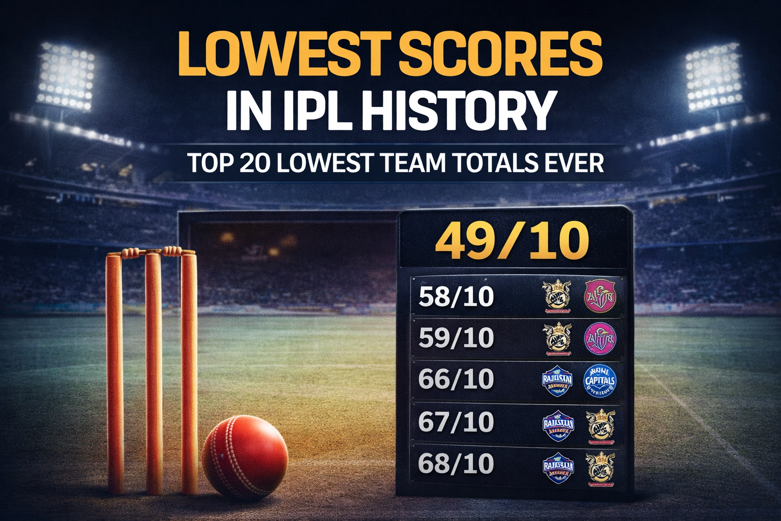 Lowest Scores in IPL History – Top 20 Lowest Team Totals Ever including RCB 49 all out vs KKR