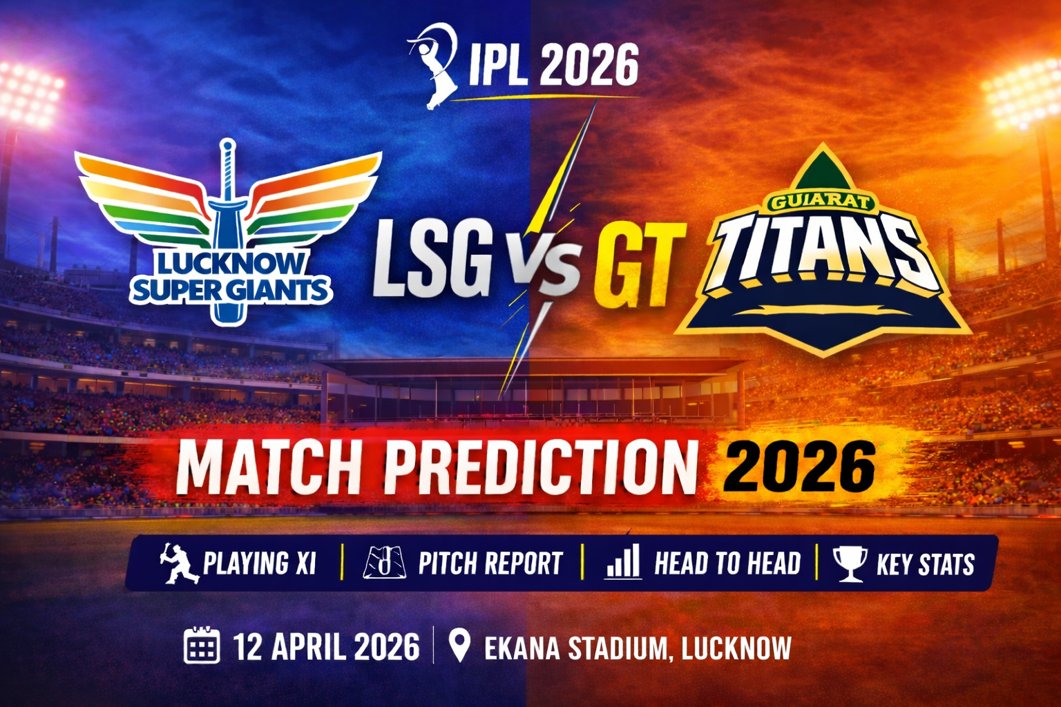 LSG vs GT Match Prediction IPL 2026 featured image with team logos, Ekana Cricket Stadium Lucknow and match details