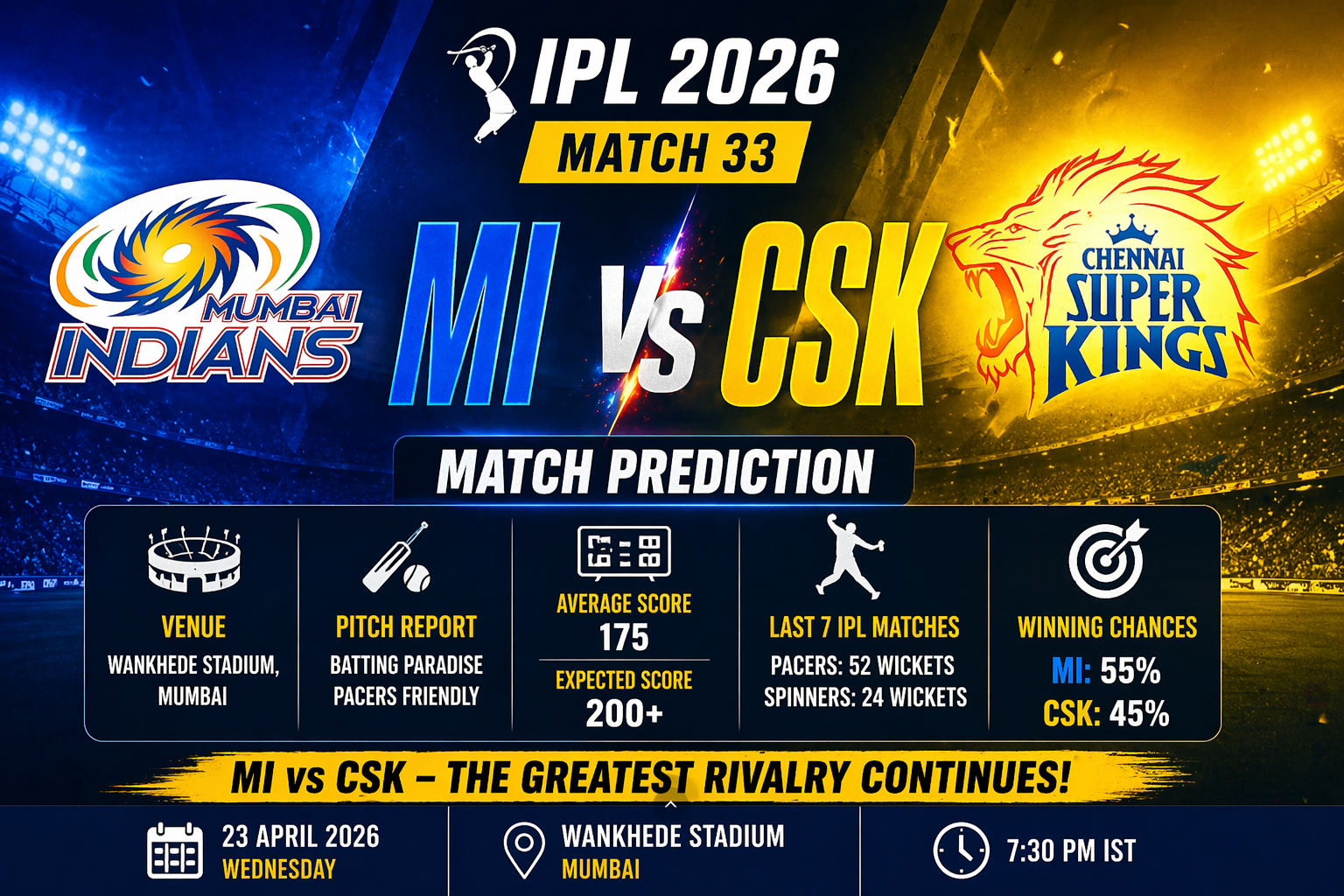 MI vs CSK Match Prediction IPL 2026 Playing XI Pitch Report Stats
