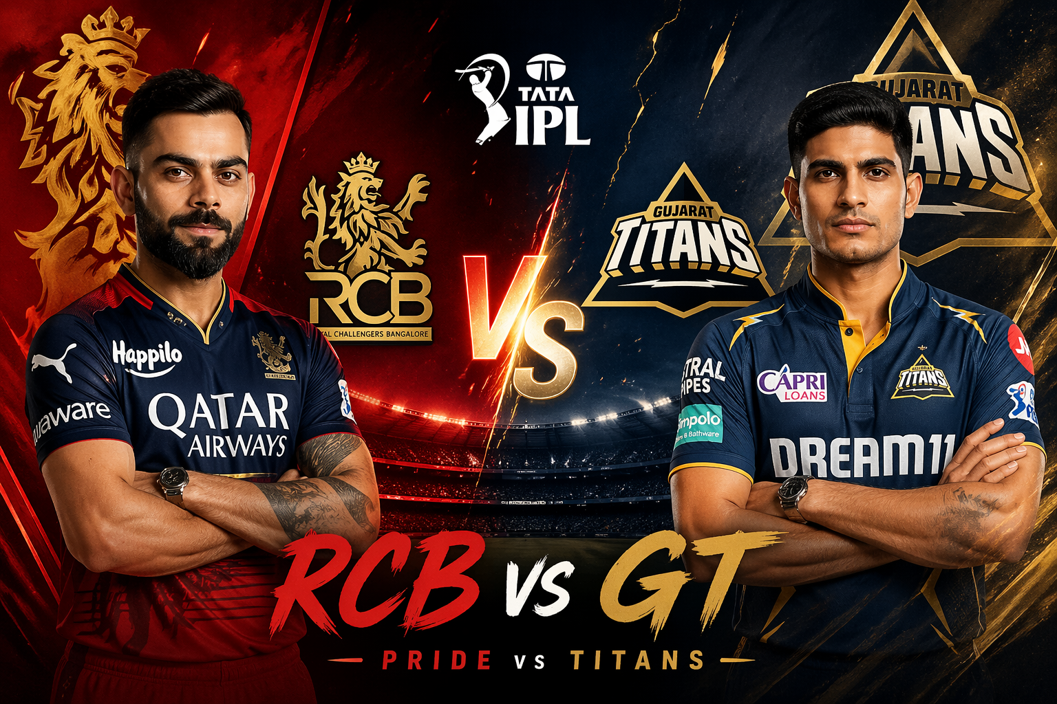 RCB vs GT IPL 2026 match poster featuring Royal Challengers Bangalore vs Gujarat Titans with bold VS design and team colors