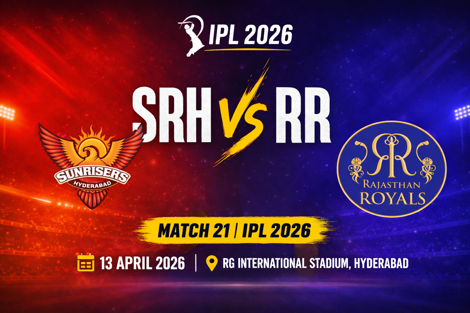 SRH vs RR Match Prediction IPL 2026 Match 21 Sunrisers Hyderabad vs Rajasthan Royals Pitch Report Playing XI